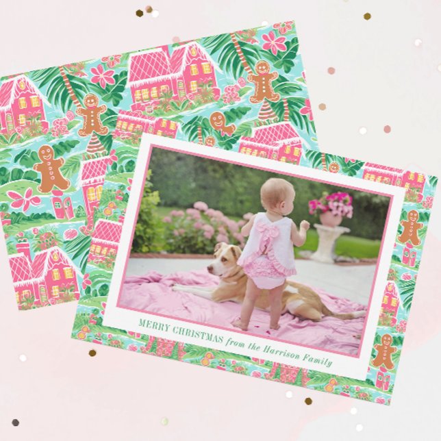 Cartes Pour Fêtes Annuelles Village de pain d'épices rose Preppy Photo de Noël (Créateur téléchargé)