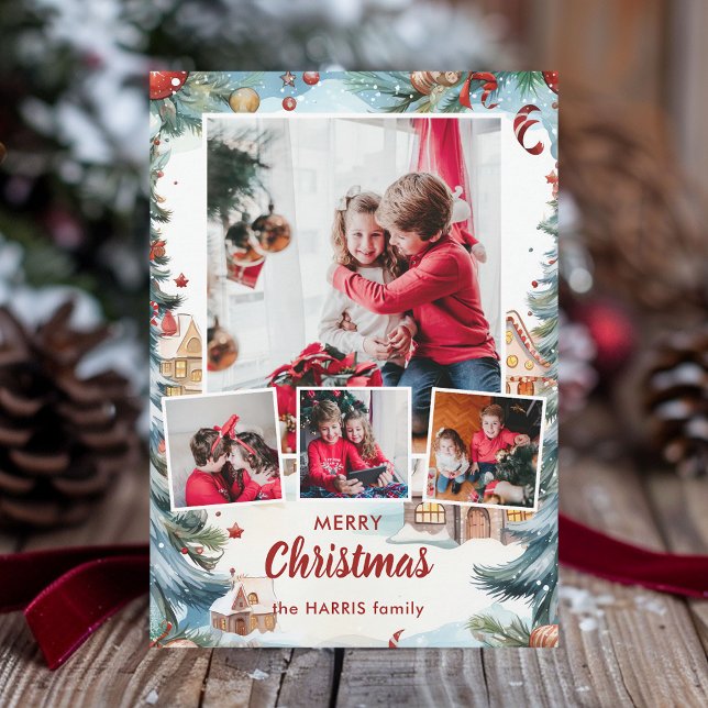 Cartes Pour Fêtes Annuelles Village des neiges d'hiver Festif à quatre photos (Créateur téléchargé)