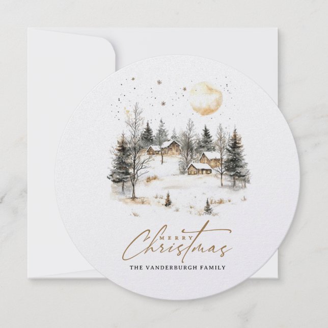 Cartes Pour Fêtes Annuelles Village d'hiver de Noël à l'aquarelle photo (Devant)