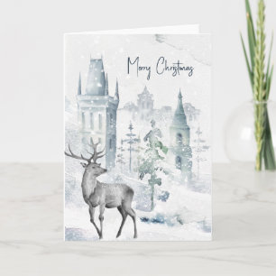 Cartes Pour Fêtes Annuelles Village enneigé cerf aquarelle Joyeux Noël 