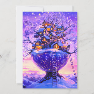 Cartes Pour Fêtes Annuelles Village enneigé de l'arbre de fantaisie hivernale