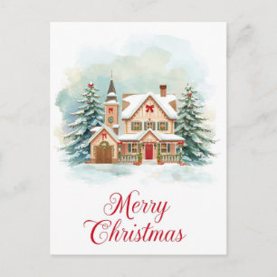 Cartes Pour Fêtes Annuelles Village enneigé de Noël aquarelle cosy