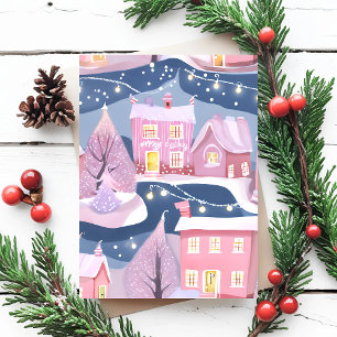 Cartes Pour Fêtes Annuelles Ville de Noël rose jolie   Aquarelle girly