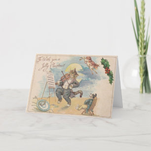 Cartes Pour Fêtes Annuelles Vintage 1910 Jolly Noël Chat Fiddle Chien Vache
