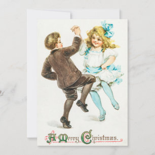 Cartes Pour Fêtes Annuelles Vintage A Joyeux Noël Garçon et Fille Danse