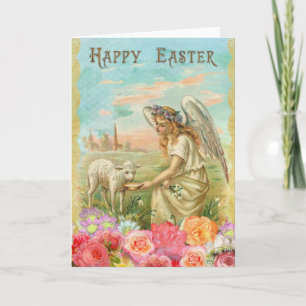 Cartes Pour Fêtes Annuelles Vintage Ange & Roses de Pâques Agneau