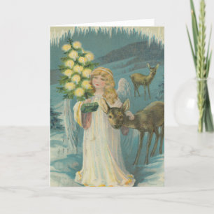 Cartes Pour Fêtes Annuelles Vintage Angel Deer Snowy Bois d'hiver Noël