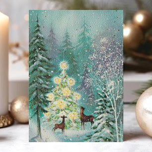 Cartes Pour Fêtes Annuelles Vintage aquarelle Forêt Cerf Retro Noël