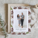 Cartes Pour Fêtes Annuelles Vintage Aquarelle Pine Cônes Photo Noël<br><div class="desc">Célébrez la saison avec une carte de Noël personnalisable avec des cônes de pin d'aquarelle. Ce design d'inspiration nature met en valeur la beauté rustique des cônes de pin peints à la main, apportant une touche de nature à vos salutations de vacances. La carte de Noël aquarelle est parfaite pour...</div>