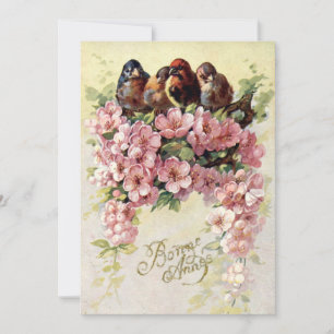 Cartes Pour Fêtes Annuelles Vintage Birds & Flowers Bonne Annee