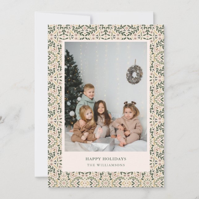Cartes Pour Fêtes Annuelles Vintage Blush Green Floral Carrelage photo Noël (Devant)