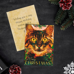 Cartes Pour Fêtes Annuelles Vintage branche de pin et feuille Chat Joyeux Noël