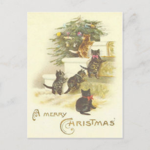 Cartes Pour Fêtes Annuelles Vintage Cats on Stairs Merry Christmas Post Card