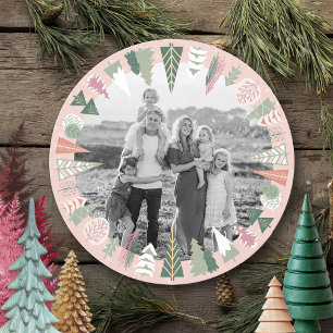 Cartes Pour Fêtes Annuelles Vintage Chic Arbre de Noël Photo PINK Green Round