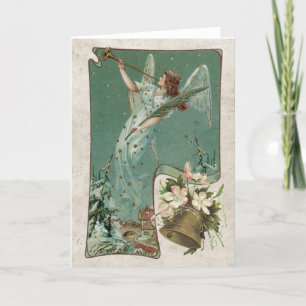 Cartes Pour Fêtes Annuelles Vintage Christmas Angel Music Bell Horn Turquoise 