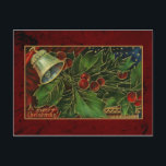 Cartes Pour Fêtes Annuelles Vintage Christmas Bell et Holly<br><div class="desc">L'image de l'époque victorienne,  aux couleurs riches,  est ornée d'une cloche argentée et de bouts de saint surlignés d'or sur un arrière - plan de velours rouge et d'étoiles dorées.</div>