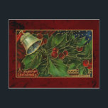 Cartes Pour Fêtes Annuelles Vintage Christmas Bell et Holly<br><div class="desc">L'image de l'époque victorienne,  aux couleurs riches,  est ornée d'une cloche argentée et de bouts de saint surlignés d'or sur un arrière - plan de velours rouge et d'étoiles dorées.</div>