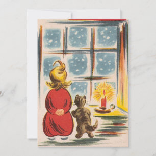 Cartes Pour Fêtes Annuelles Vintage Christmas Boy and Cat Look Out Window