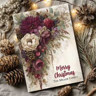 Cartes Pour Fêtes Annuelles Vintage Christmas Burgundy Floral Personalized