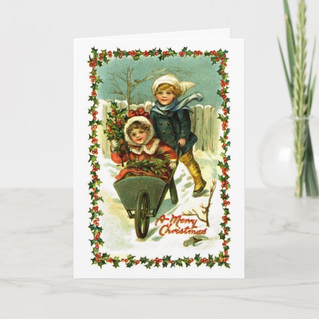 Cartes Pour Fêtes Annuelles Vintage Christmas Card Children in Snow (Devant)