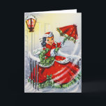 Cartes Pour Fêtes Annuelles Vintage Christmas Card with Young Girl<br><div class="desc">Vintage Christmas Card with Young Girl Southern Belle in dress and parasol leaving the porch under a lantern.</div>