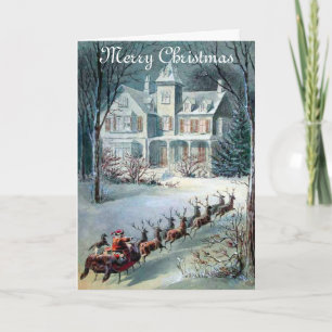 Cartes Pour Fêtes Annuelles Vintage Christmas House et Santa Sleigh
