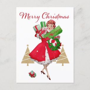Cartes Pour Fêtes Annuelles Vintage Christmas Lady présente Red Green Gold