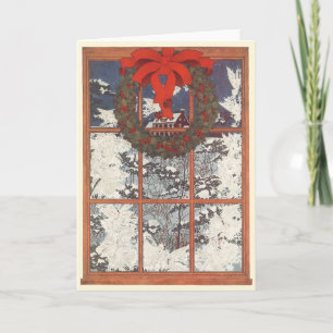 Cartes Pour Fêtes Annuelles Vintage couronne de Noël dans une fenêtre avec nei