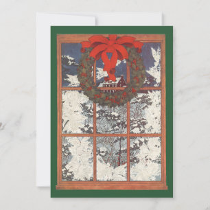 Cartes Pour Fêtes Annuelles Vintage couronne de Noël dans une fenêtre avec nei