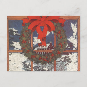 Cartes Pour Fêtes Annuelles Vintage couronne de Noël dans une fenêtre avec nei