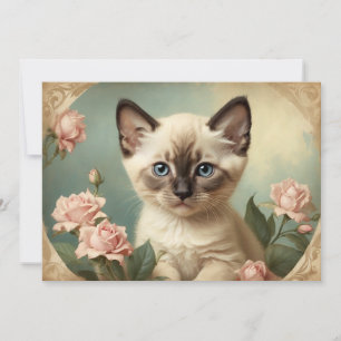 Cartes Pour Fêtes Annuelles Vintage Cute Siamese Kitten Portrait Fleurs Douces