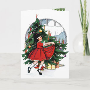 Cartes Pour Fêtes Annuelles Vintage Fille Accueil Arbre de Noël Matin