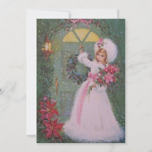 Cartes Pour Fêtes Annuelles Vintage Fille De Noël En Robe Rose Avec Bouquet