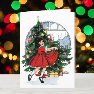Cartes Pour Fêtes Annuelles Vintage Fille De Noël En Robe Rouge Candle Tree