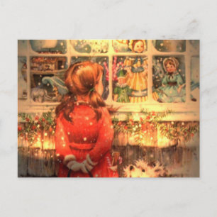 Cartes Pour Fêtes Annuelles Vintage Fille De Noël Regardant Dans La Fenêtre