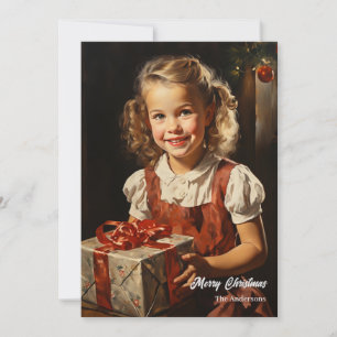 Cartes Pour Fêtes Annuelles Vintage fille de Noël souriant avec le présent