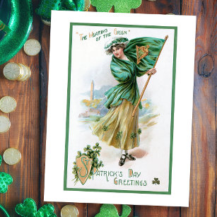 Cartes Pour Fêtes Annuelles Vintage fille, drapeau irlandais, portant le vert