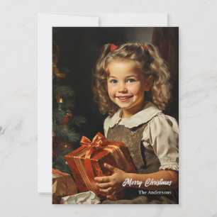 Cartes Pour Fêtes Annuelles Vintage fille souriante avec cadeau de Noël