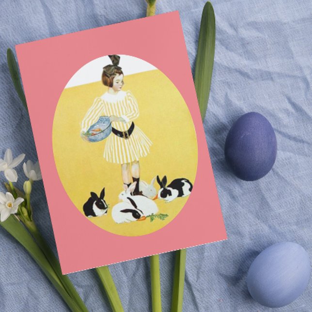 Cartes Pour Fêtes Annuelles Vintage girl feeding rabbits (Créateur téléchargé)