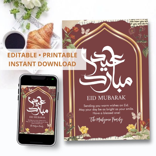 Cartes Pour Fêtes Annuelles Vintage Gold Arch Floral Collage Eid Mubarak (Créateur téléchargé)