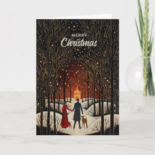 Cartes Pour Fêtes Annuelles Vintage Gouache Couple d'hiver et Noël d'église