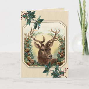 Cartes Pour Fêtes Annuelles Vintage Holly and Christmas Deer
