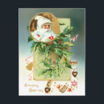 Cartes Pour Fêtes Annuelles Vintage Holly avec Père Noël Inset et Salutation<br><div class="desc">Illustration de vacances antiques de charme et festive avec spray de saint avec portrait du vieux monde Père Noël en forme circulaire,  bonbons de Noël et salutation sur l'arrière - plan turquoise ombragé.</div>