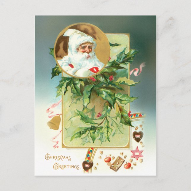 Cartes Pour Fêtes Annuelles Vintage Holly avec Père Noël Inset et Salutation (Devant)