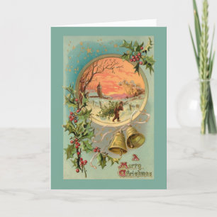 Cartes Pour Fêtes Annuelles Vintage Holly, cloches de Noël et scène de neige