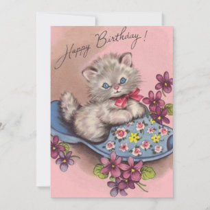 Cartes Pour Fêtes Annuelles Vintage Joyeux anniversaire Kitty Chat dans un cha