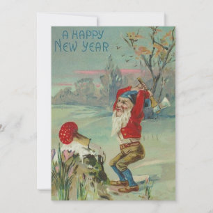 Cartes Pour Fêtes Annuelles Vintage Joyeux Nouvel An Gnome Couper un champigno