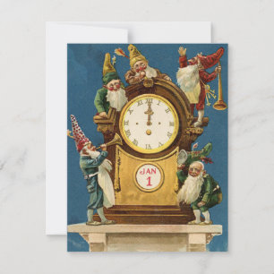 Cartes Pour Fêtes Annuelles Vintage Joyeux Nouvel An Gnomes Sur Horloge