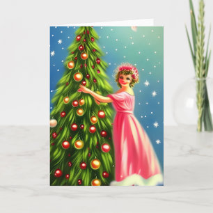 Cartes Pour Fêtes Annuelles Vintage Lady Décorant Arbre de Noël Blank