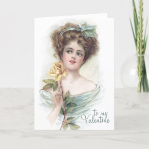 Cartes Pour Fêtes Annuelles Vintage Lady Rose jaune Saint-Valentin Poème Roman